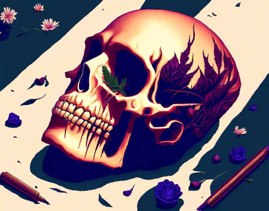 Illustration of human skull with plants, flowers, leaves, and pencils on dark background