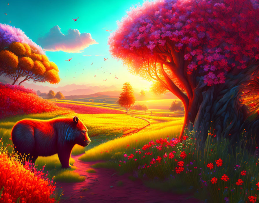 Colorful sunset fantasy landscape with lush trees, blossoming flowers, and whimsical fox-like creature