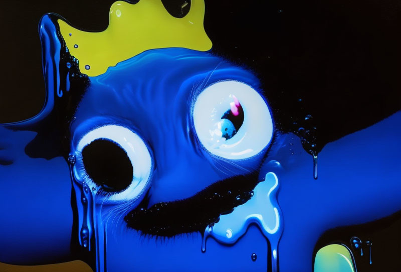 Abstract blue and yellow liquid forms with cartoonish eyes in melting or flowing design