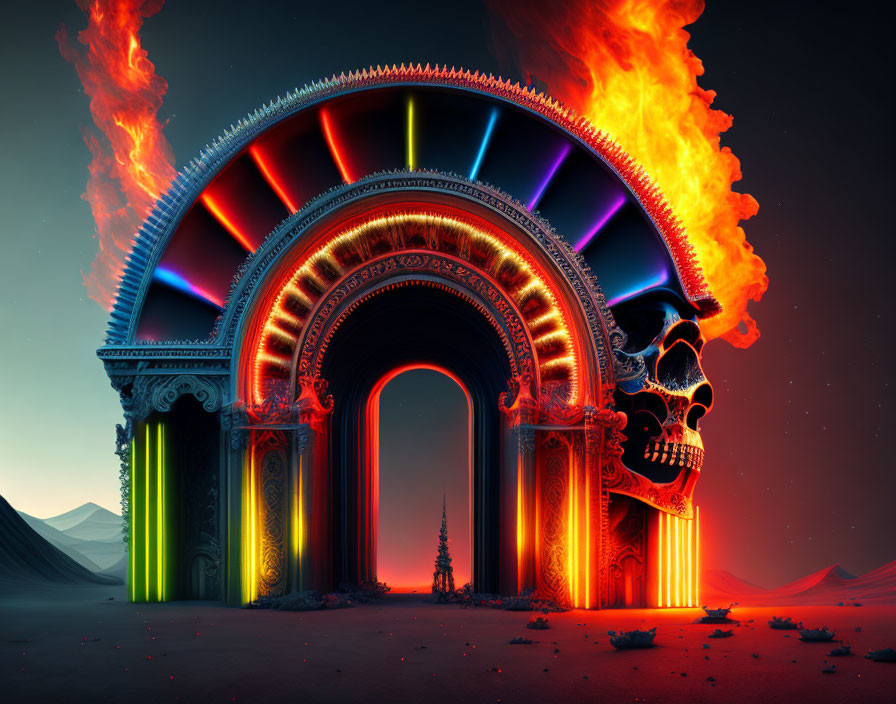 Neon-lit archway with fiery skull in desert dusk