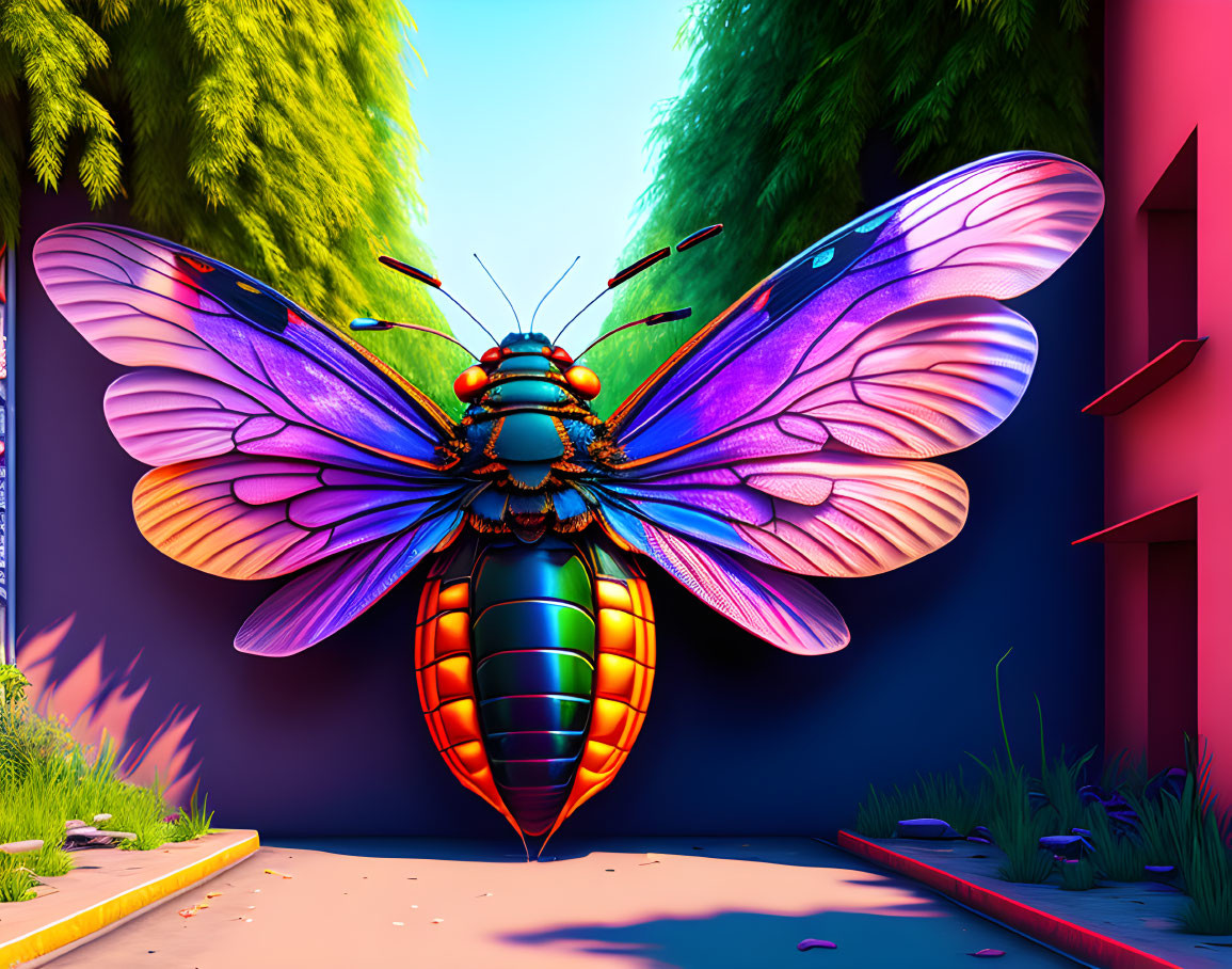 Colorful Butterfly Artwork Against Urban Background