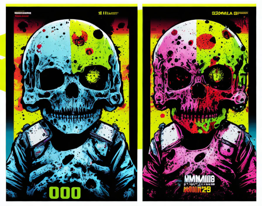 Colorful Pop Art Skull Images with Splatter Effects and Text Elements