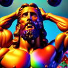 Muscular male figure with flowing hair and beard against vibrant backdrop