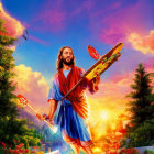 Digital artwork: Religious figure with surfboard, skateboarder in sky, sunset.