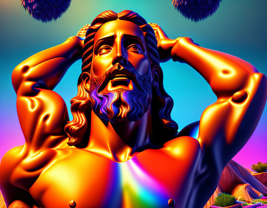 Muscular male figure with flowing hair and beard against vibrant backdrop