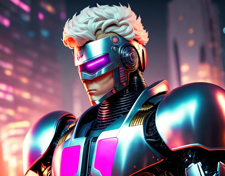 Futuristic robotic figure with visor, white hair, and neon lights in cityscape.