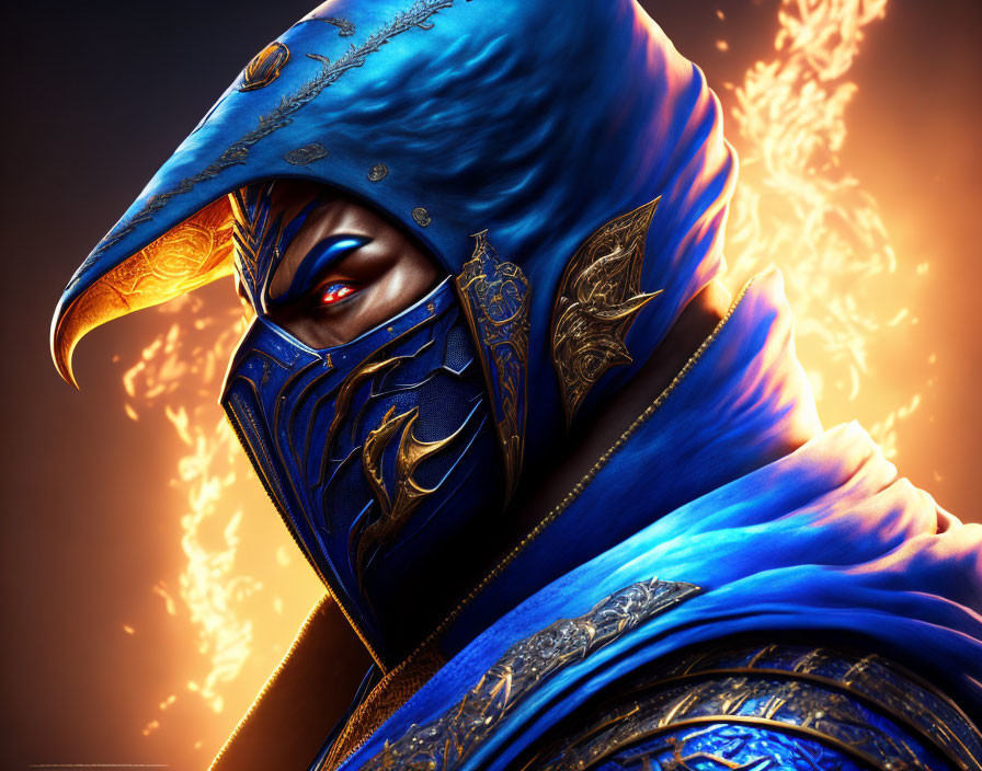 Ornate blue armor-clad figure in gold trim and mask on fiery backdrop