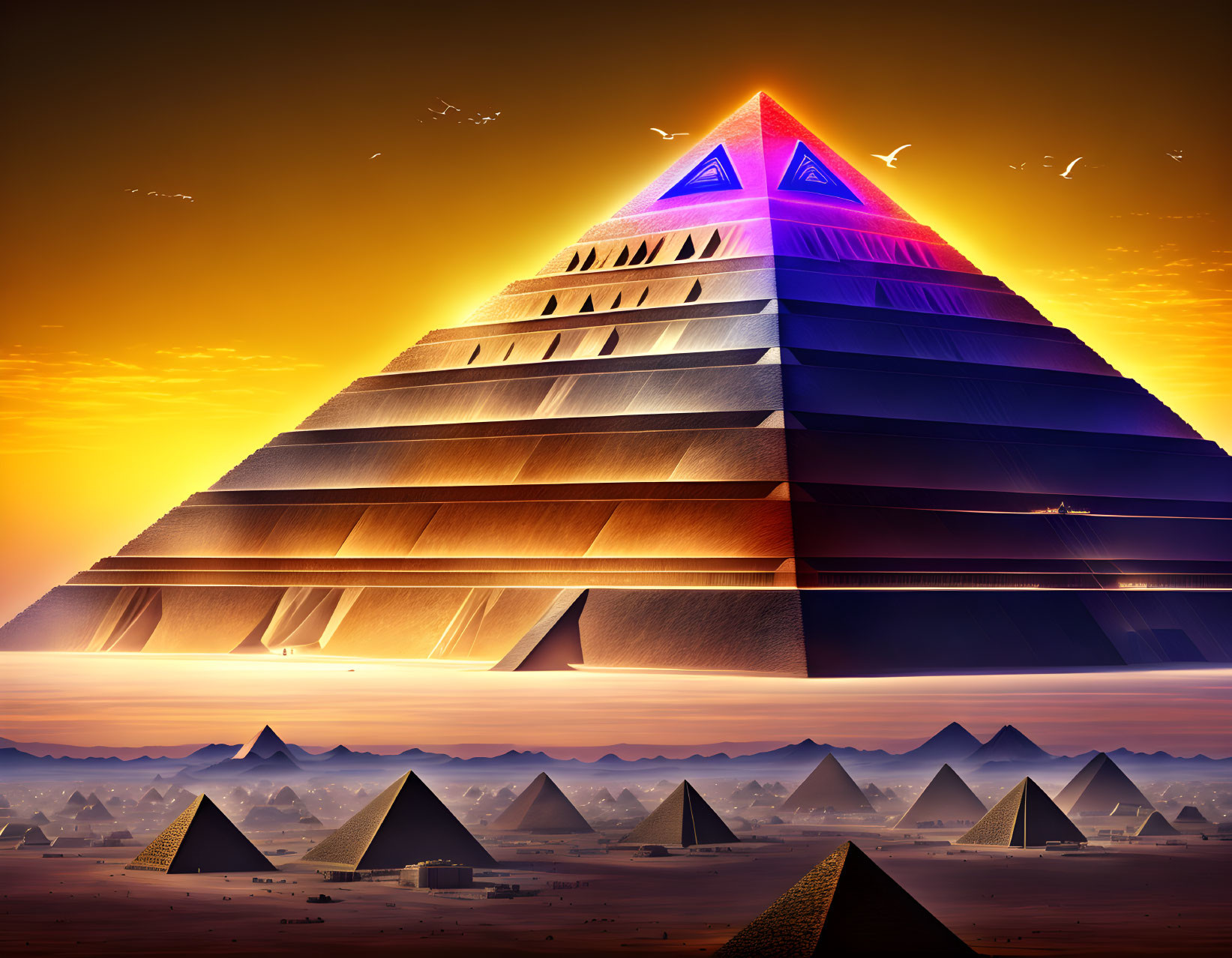 Futuristic neon-lit pyramid at sunrise in desert landscape