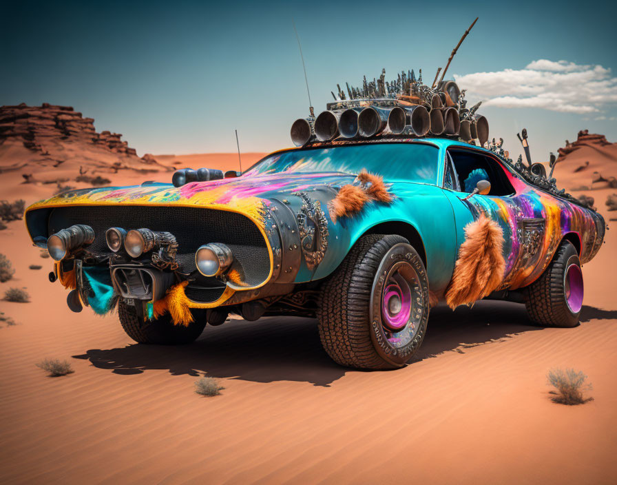 Colorful post-apocalyptic vehicle with spikes and furs in desert landscape