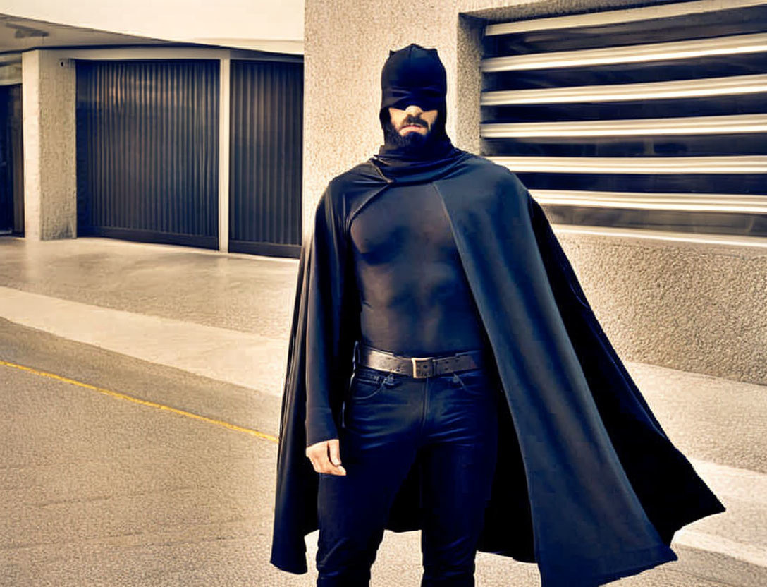 Person in Black Mask and Cape Poses in Urban Setting