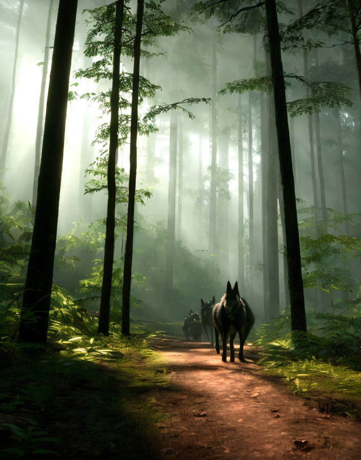 Sunlit forest scene: Two wolves in misty woods