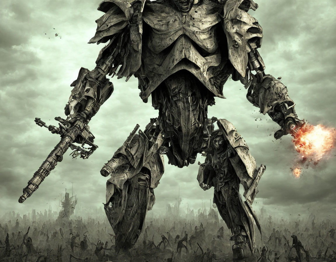 Gigantic armored robot wields flaming weapon in chaotic battlefield