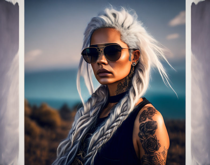 White-haired woman with sunglasses and tattoos in front of scenic backdrop.