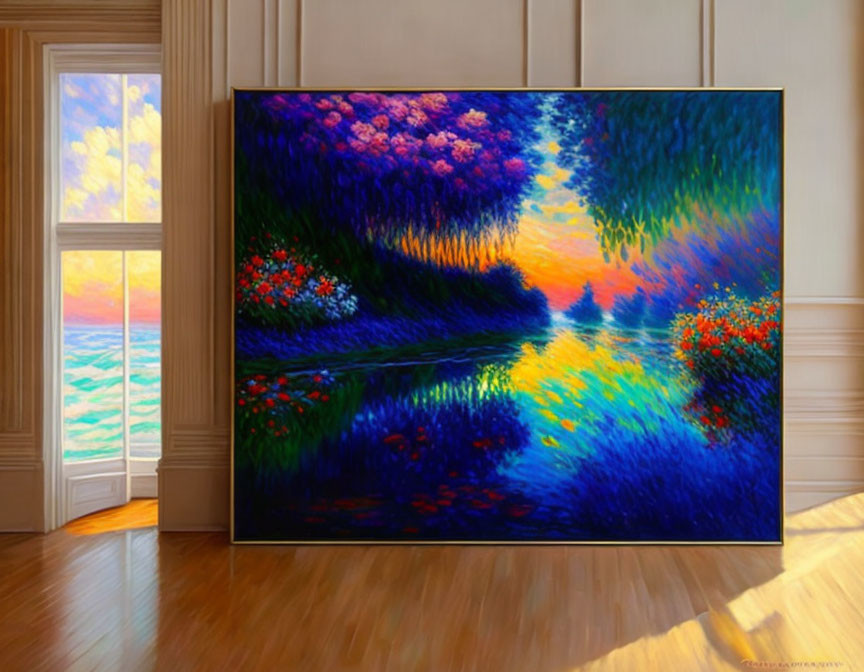 Colorful sunset painting with river, trees, and flowers in a room with wooden floor and seascape