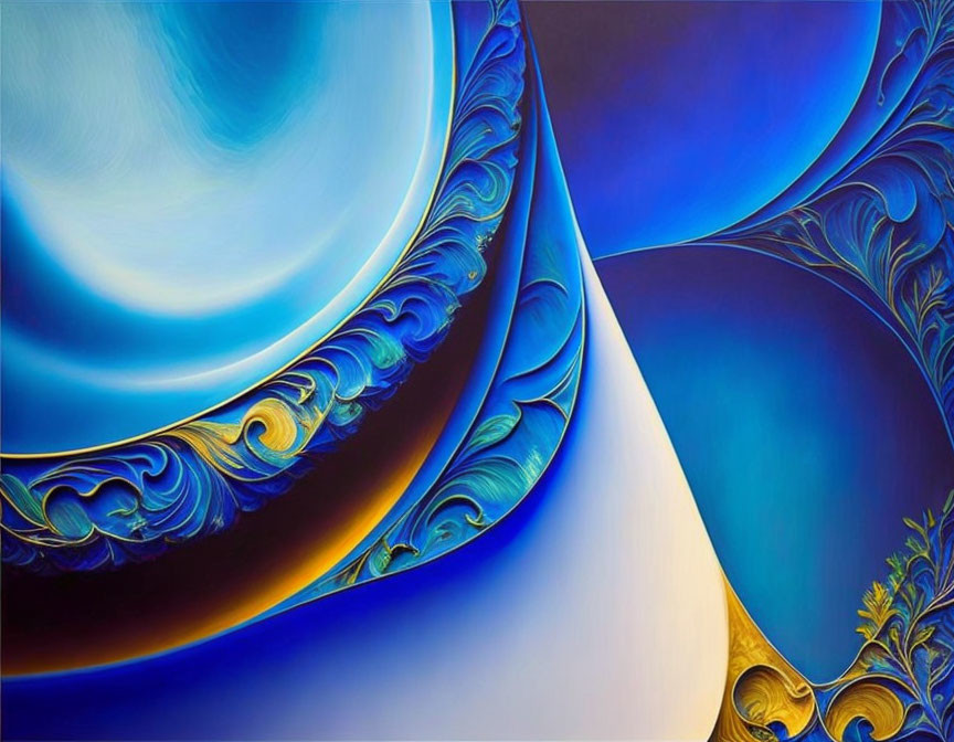 Blue and Gold Abstract Digital Art with Swirls and Wave-like Pattern