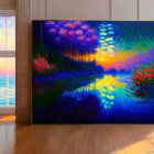 Colorful sunset painting with river, trees, and flowers in a room with wooden floor and seascape