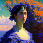 Woman in Blue Hat and Dress Surrounded by Orange Flowers and Blue Sky