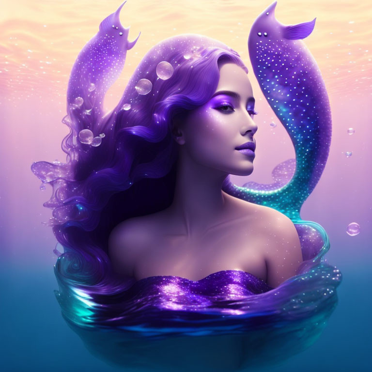 Colorful Mermaid Illustration with Purple Hair and Fish Companions