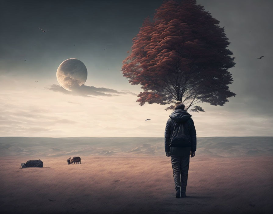 Person walking towards large tree in surreal landscape with oversized moon and flying birds.