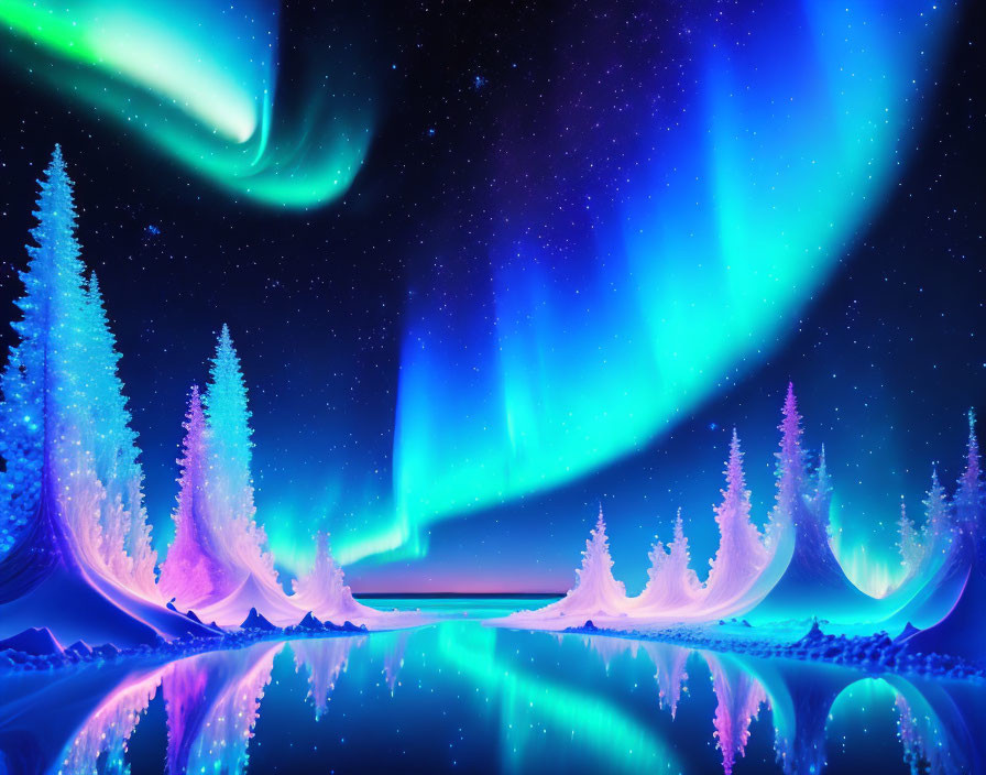 Northern Lights Display over Snowy Landscape with Illuminated Trees