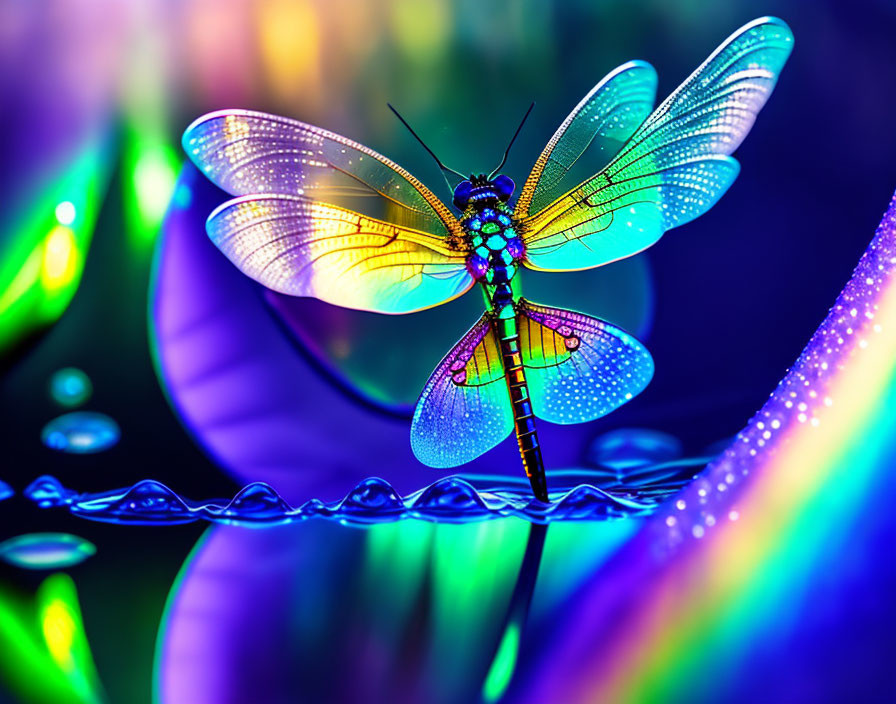 Colorful Dragonfly Perched on Dewy Grass with Psychedelic Background