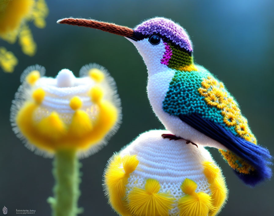 Colorful Crochet Hummingbird on Flower with Textured Patterns