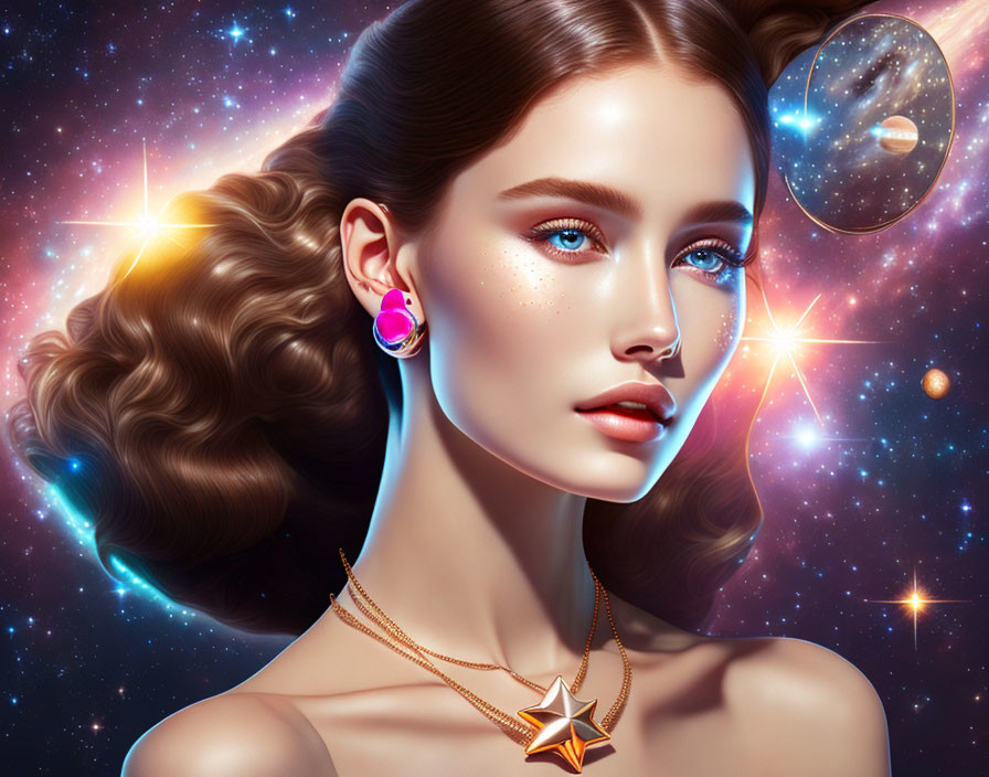 Surreal portrait of woman with cosmic makeup and jewelry