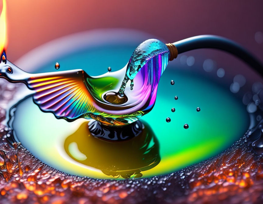 Colorful Macro Image: Liquid Droplets, Spoon, Reflections & Fire