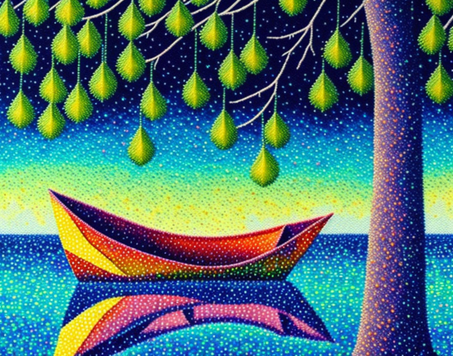 Colorful Tree Painting with Yellow Fruits, Boats, and Starry Night Sky