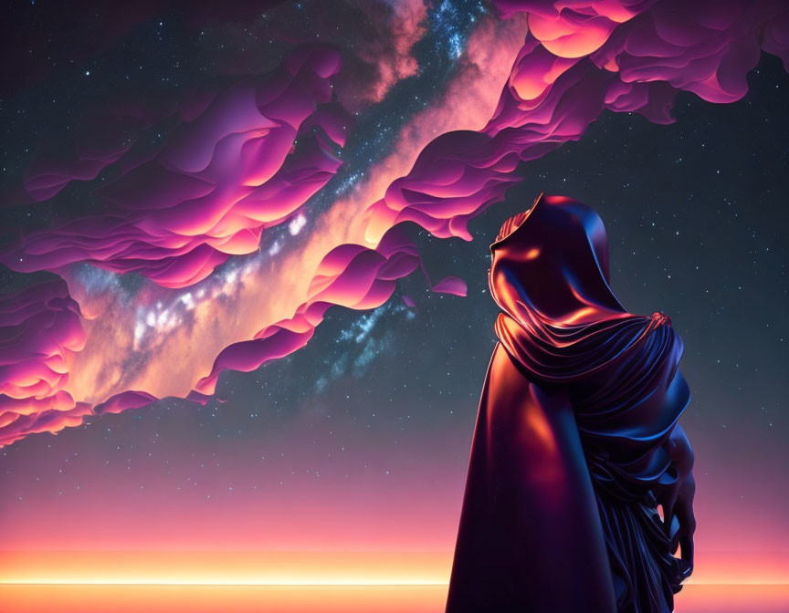 Cloaked figure under pink clouds and starry sky at vibrant sunset