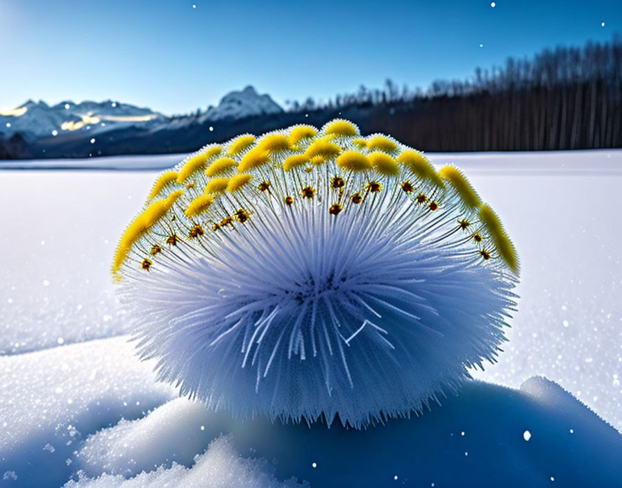 Yellow-Spiked Dome Cactus in Snowy Landscape