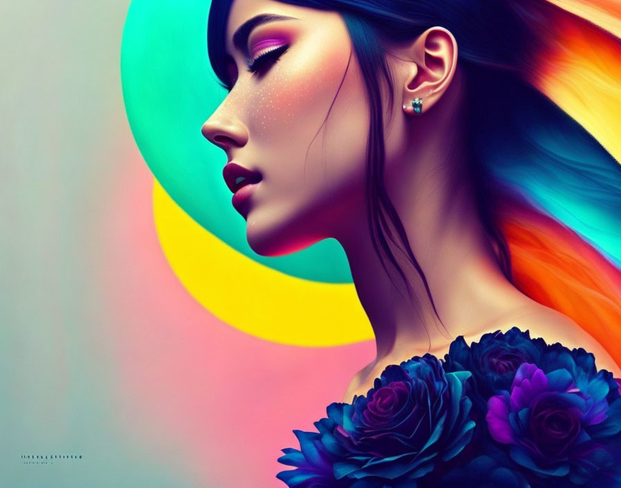 Colorful digital portrait of a woman with rainbow hair and floral accents