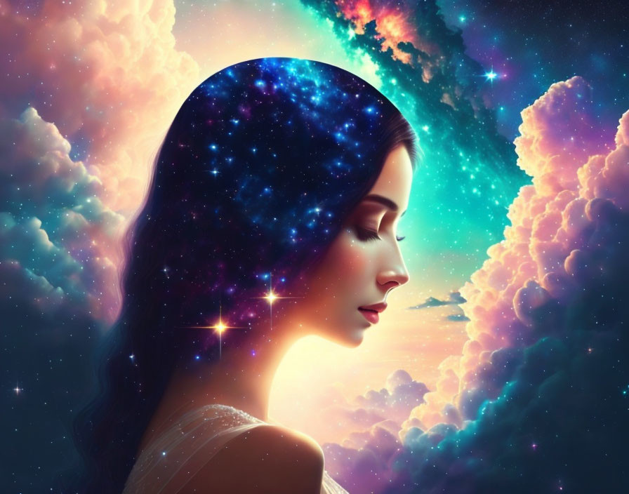 Silhouette of a woman with cosmic-themed star-filled hair on vibrant backdrop