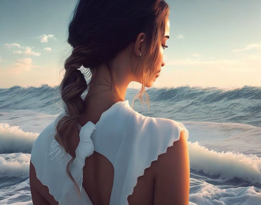 Braided hair woman gazes at sunset seascape