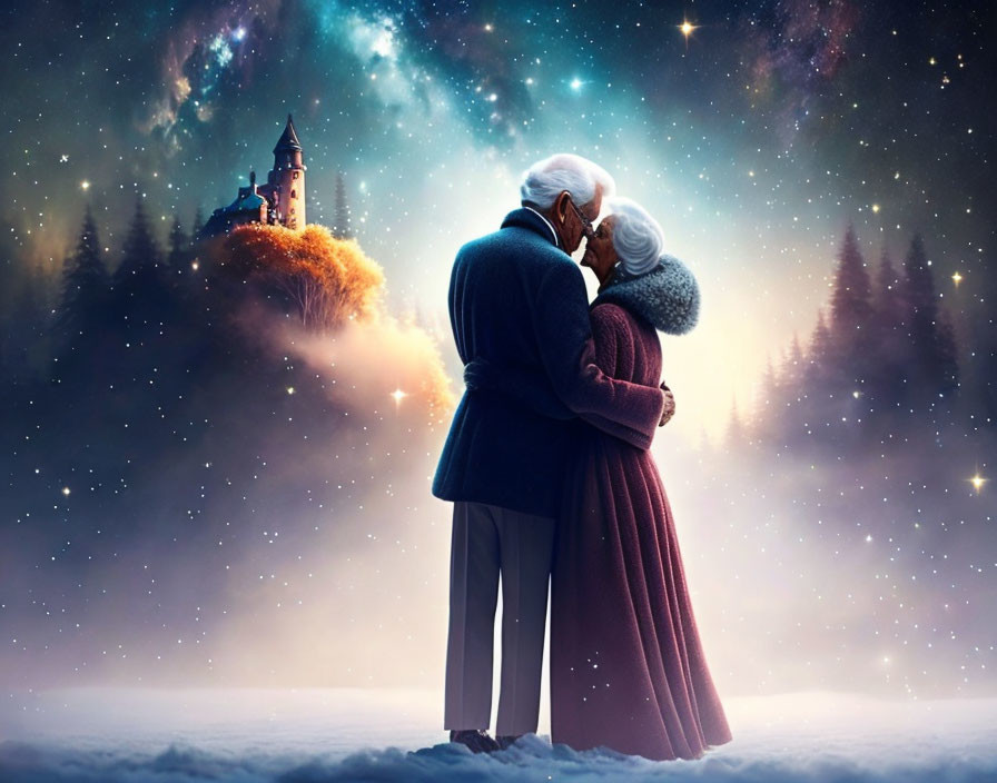 Elderly couple embracing under starry sky with castle and forest silhouette