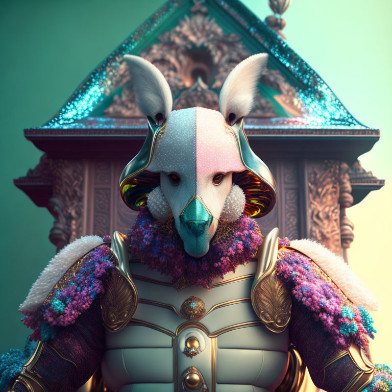 Surreal portrait: creature with fennec fox head in colorful armor against teal background