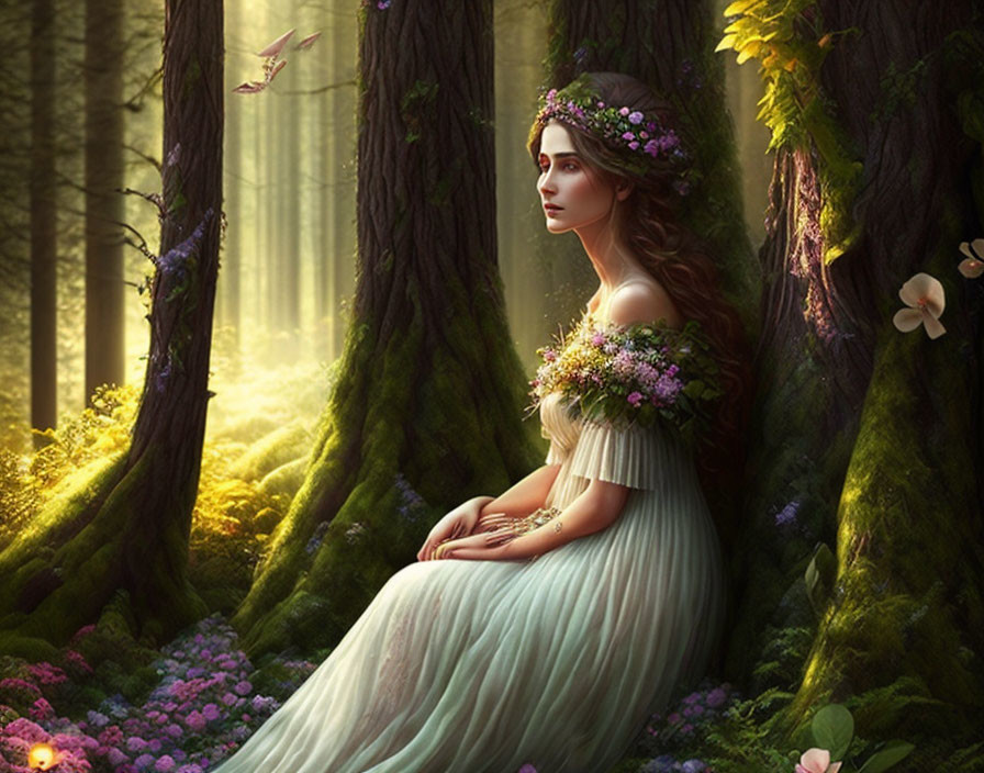 Woman in floral crown sitting in mystical forest with soft sunlight and blossoms