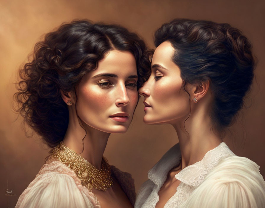 Two women in classic attire with voluminous curly hair in digital painting