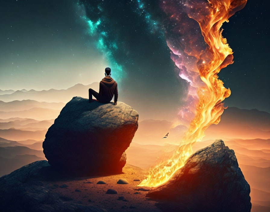 Individual Contemplating Cosmic Phoenix in Surreal Scene