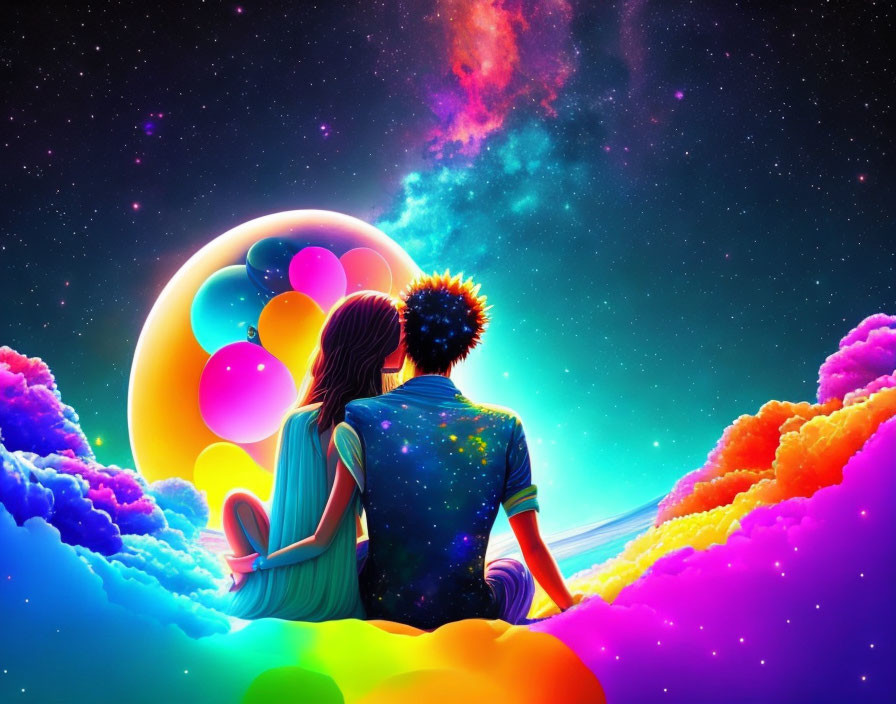 Couple on Colorful Clouds with Cosmic Nebula and Stars