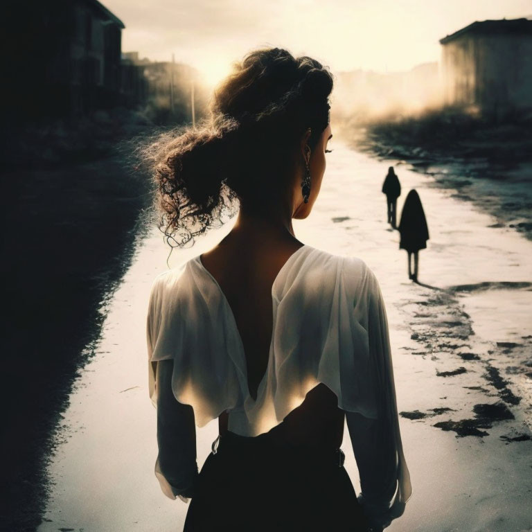 Woman in white blouse observes figures on sunlit street