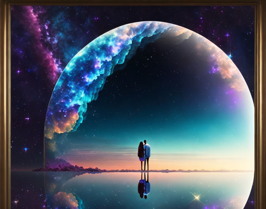 Person in surreal cosmic landscape with giant planet and starry sky.