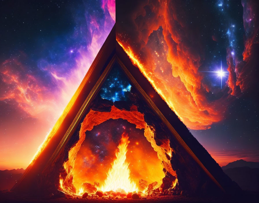 Colorful cosmic scene with triangular portal and celestial bodies.