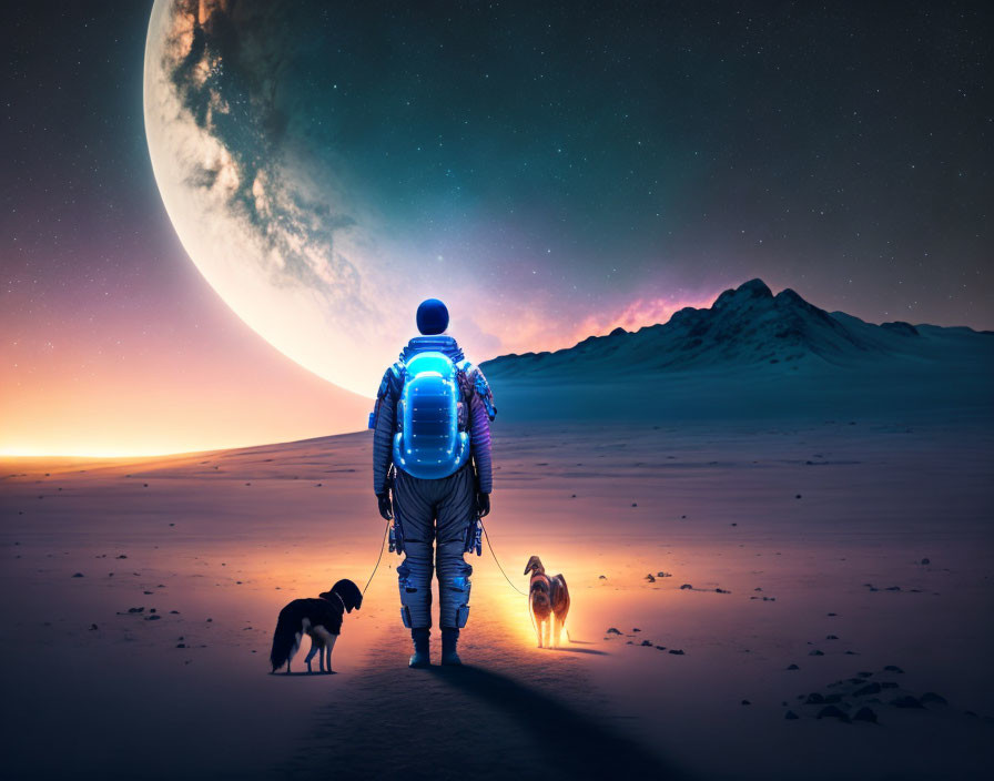 Astronaut and dog on desert planet with moon and stars