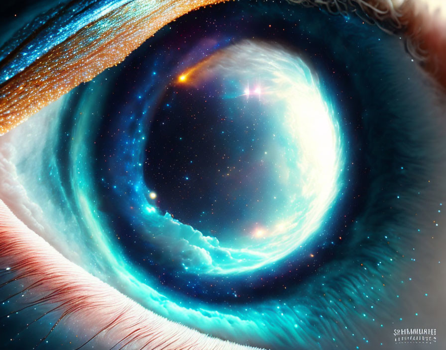 Detailed close-up: Human eye reflects photorealistic galaxy, merging human element with space.