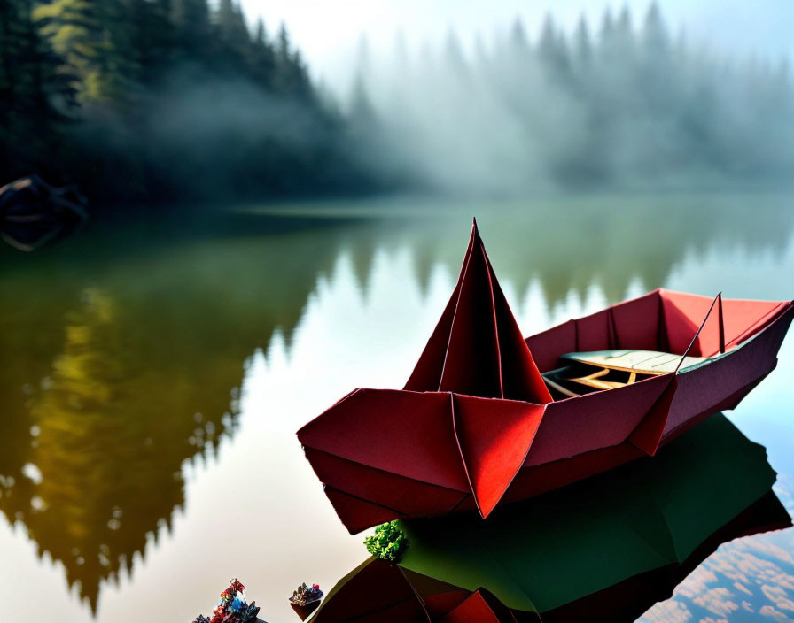 Origami boat on calm lake with misty tree reflections