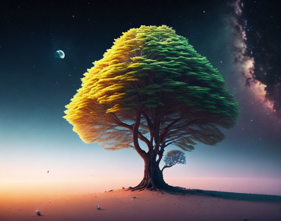 Surreal image: Solitary tree with green and golden foliage against twilight sky