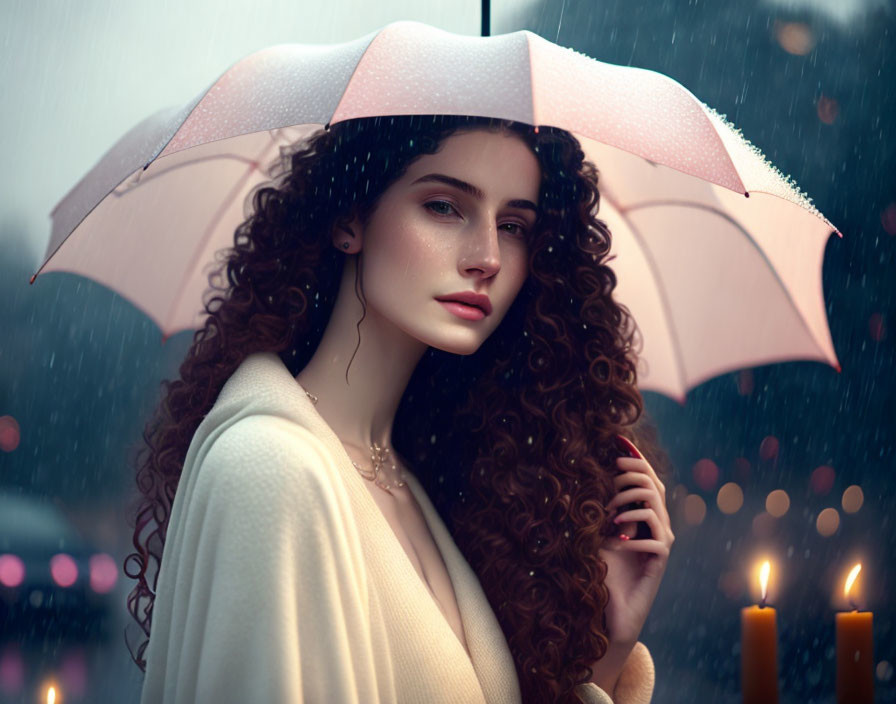 Curly-haired woman with pink umbrella in rainy evening scene.