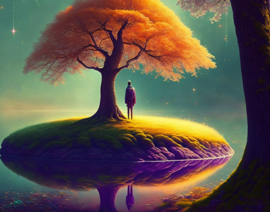 Person standing under vibrant orange tree on floating island with reflective water and starry dusk sky