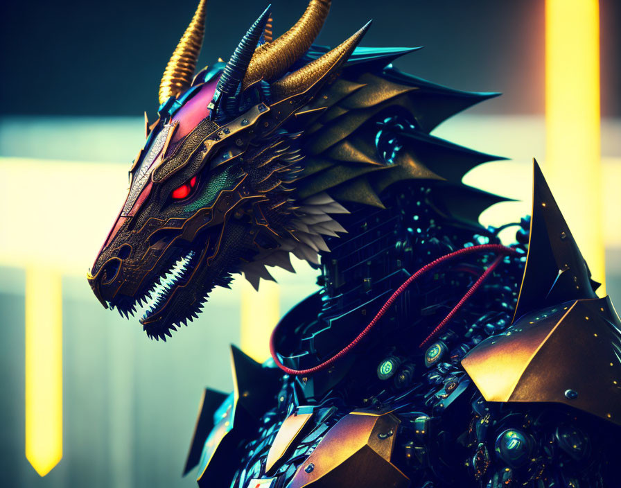 Detailed Steampunk Mechanical Dragon Head with Glowing Red Eyes